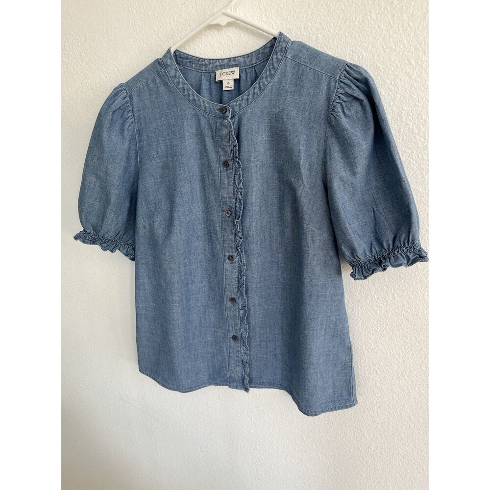 J. Crew Ruffle Trim Popover Shirt Womens Sz S Blue Chambray Elastic Cuff Quiet L